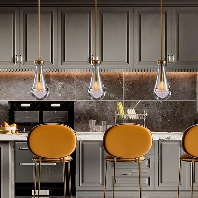 Modern Raindrop Pendant Lights, Pendant Lights for Kitchen Island, Brass Rod Dining Room Light Fixture， Clear Solid Raindrop Chandelier, Chandelier for Living Room Hallway, Including Bulb