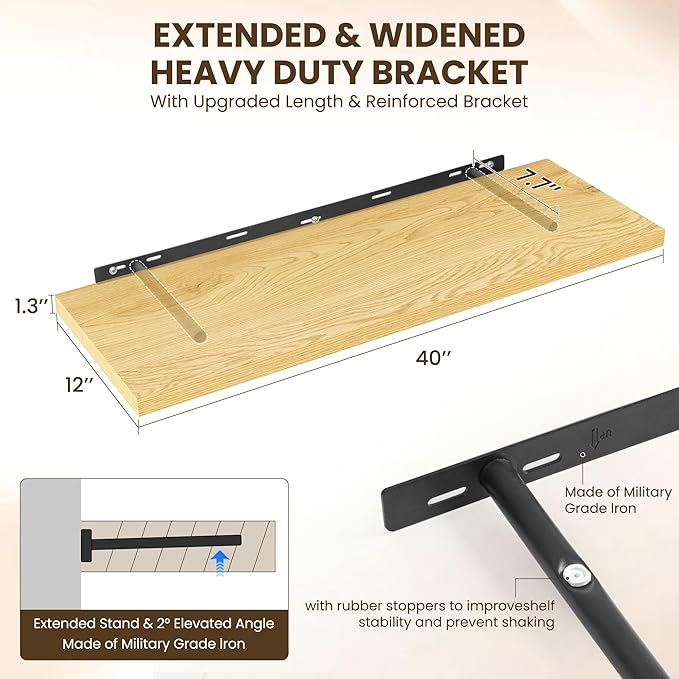 40" Floating Shelves for Wall, 12" Deep Slim Oak Floating Shelves, Wall-Mounted Shelves for Bedroom, Living Room, Kitchen, Bathroom - Set of 2