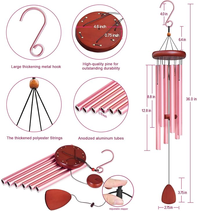 Large Aluminium Wind Chimes Outside, Soothing Melodic Memorial Sympathy Wind Chime, Suitable Outdoor Garden Decor, Gift for Mom Women Neighbors (Pink Wind Chimes-36)
