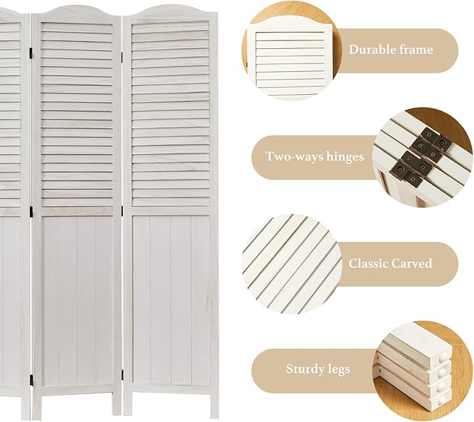 Room Partitions and Dividers, 68.9 Inch Temporary Wall with Double Hinges, Wooden Louver & MDF Stable Screens for Home Office Bedroom Coffeehouse Decoration (4 Panels, White-Washed)