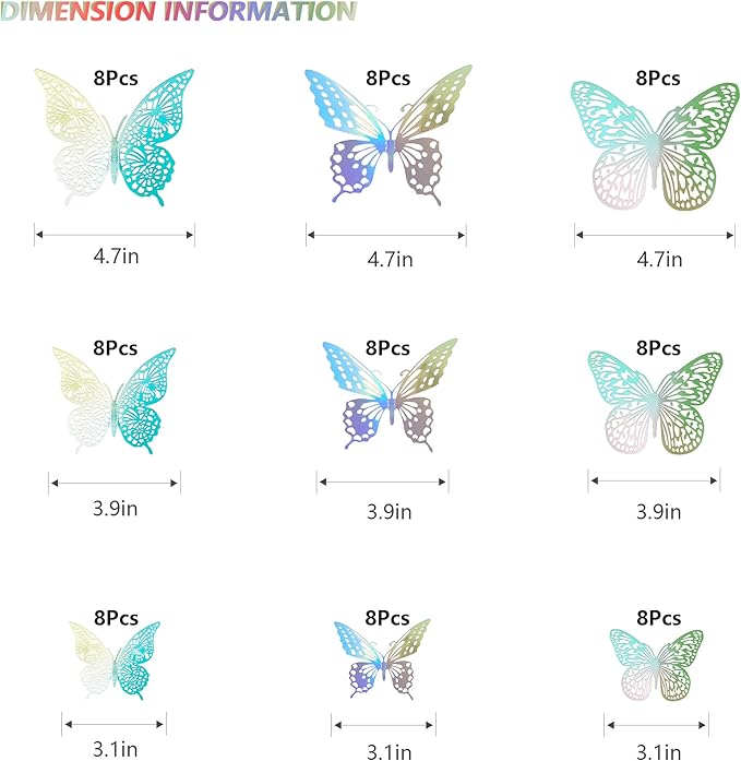 SAOROPEB 3D Butterfly Wall Decor, 72 Pcs 3 Styles 3 Sizes, Removable Metallic Wall Sticker Room Mural Decals for Kids Bedroom Nursery Classroom Party Decoration Wedding Decor DIY Gift (Laser)