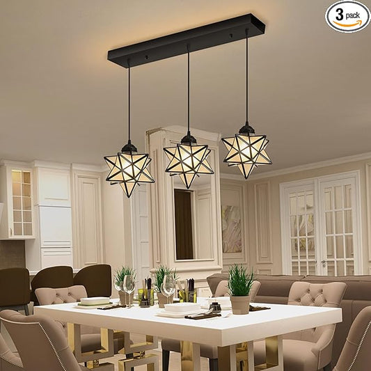 Modern Frosted White Glass Chandelier Dining Room Farmhouse Star Pendants Lights for Kitchen Island LED Ceiling Hanging Lighting Included Warm Light Bulbs Black
