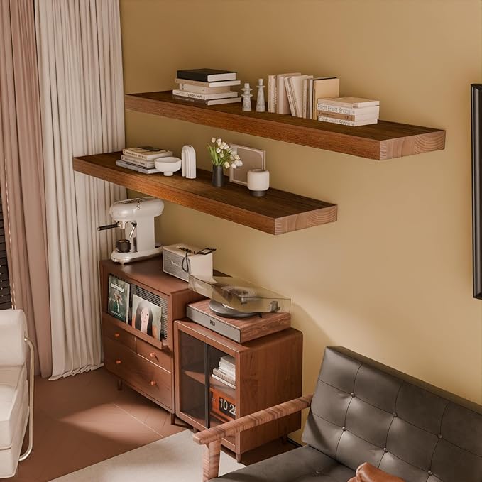 IAE Walnut Floating Wall Shelves 55 inch, Bathroom Shelves Wall Mounted,Invisible Shelves Floating Kitchen Shelves,Wooden Wall Shelves with Brackets for Living Room Wall Mounted,Easy Install,Set of 2