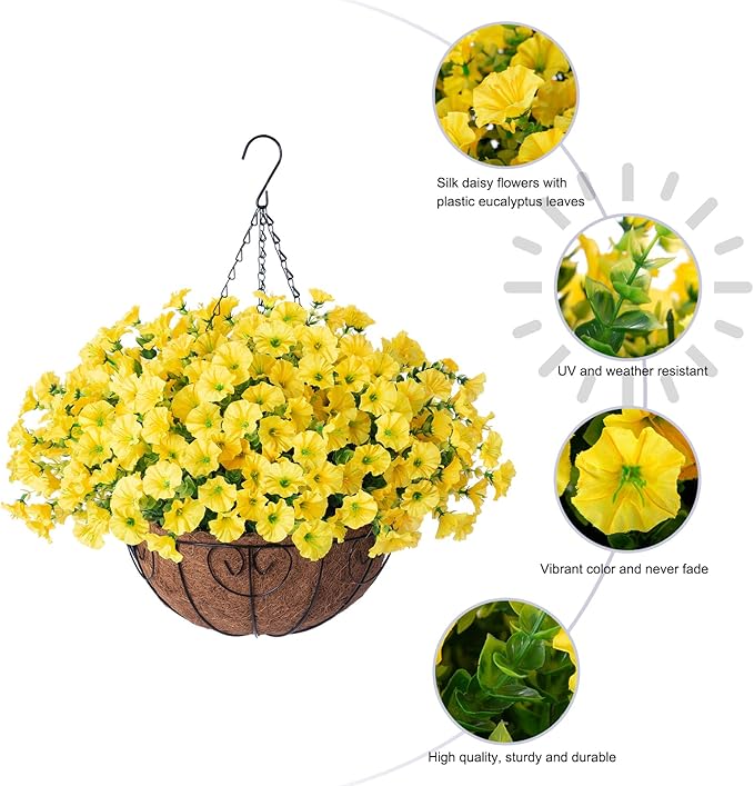 Artificial Fall Flowers Fake Hanging Plants Flowers Basket for Outdoors Autumn Decoration, Yellow Silk Morning Glory with Eucalyptus Look Real UV Resistant Faux Flowers for Outside Porch Patio Balcony