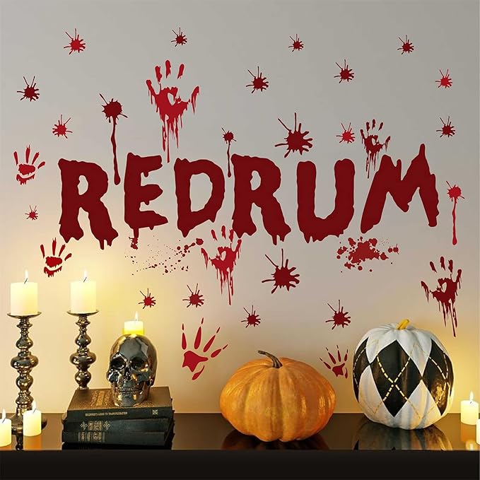 Halloween Redrum Murder Wall Decal Horror Ghost Hand Wall Decals Halloween Blood Splatter Decals Removable Peel and Stick Walls Stickers for Haunted House Party Window Decor
