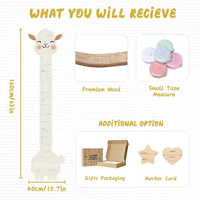 Personalized Name Height Chart for Kids, Alpaca Wood Growth Chart, Height Measuring for Children, Boy Girls Height Wall Chart Growth Measuring Ruler for Nursery Decor, Lightweight