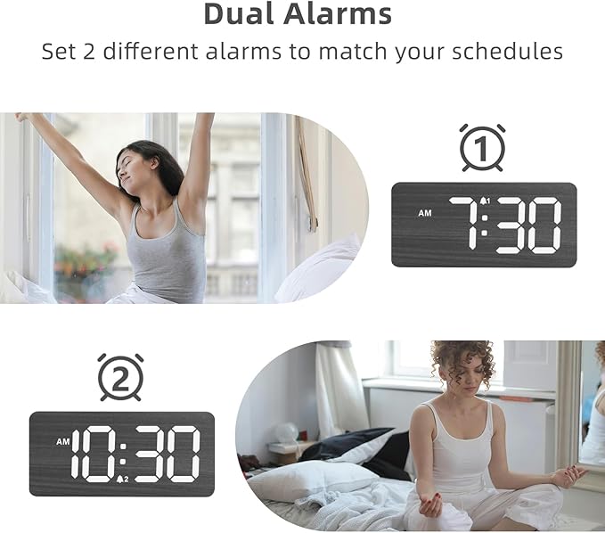 uscce Wooden Digital Alarm Clocks for Bedrooms: Dimmable Dual Alarm Clock with Large Numbers for Bedside Desk - Loud Alarm for Heavy Sleepers with Volume Control - Wood Decor & Gifts