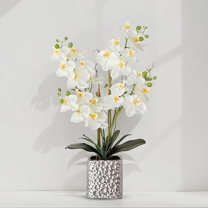 Orchid Artificial Flowers with Sliver Vase Large Silk Faux Phalaenopsis Flowers for Dining Room Table Floral Centerpieces Indoor Decoration,White