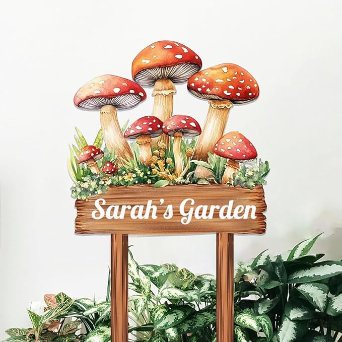 Personalized Mushroom Metal Sign with Stake,Custom Gardener Family Name Signs Outdoor Decor,Customized Flower Gardening Housewarming Gifts,Flowers Plaques for Patio Lawn Porch Backyard Farmhouse
