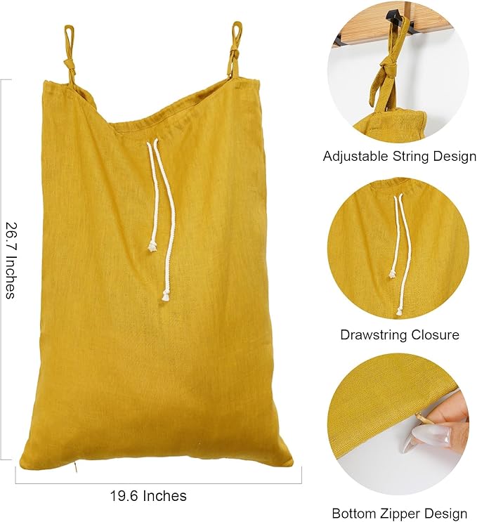 Linen Hanging Laundry Bag, Over The Door Laundry Hamper for Dirty Clothes, Drawstring Closure with Bottom Zipper, Turmeric