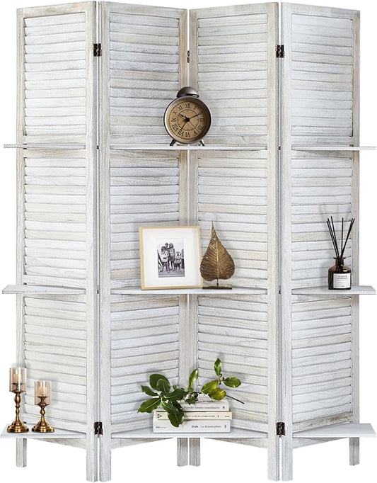 Room Divider with Shelves, Privacy Screen, Room Dividers and Folding Privacy Screens, 4 Panel Wood Temporary Wall Partition Separation Separator, Coconut