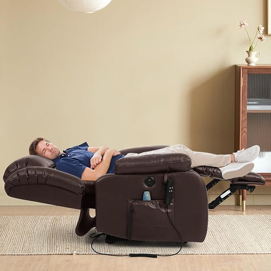 MAEVIS Power Recliner Chair, Lay Flat Sleeping Lift Chairs Recliner for Elderly with Heat and Massage,Comfy Real Breathable Leather Recliners with Dual OKIN Motor for Living Room (Brown)
