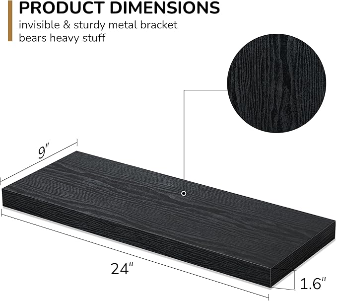Floating Shelves - 2 Pack 9 Inch Rustic Wooden Wall Shelves - Extra Deeper & Thicker Wall Mounted Storage Shelf for Living Room, Kitchen, Farmhouse - 24" W x 9" D x 1.6" H - Rustic Black