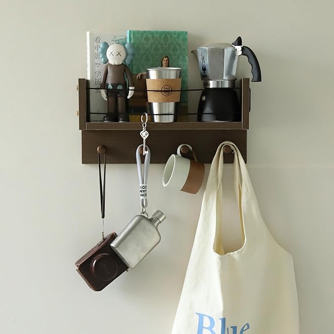 Entrance Coat Rack ，Coat Hooks, Wall-Mounted Wooden Hook Rack, Wall-Mounted Shelves are Very Suitable (Walnut Colored Finish-A)