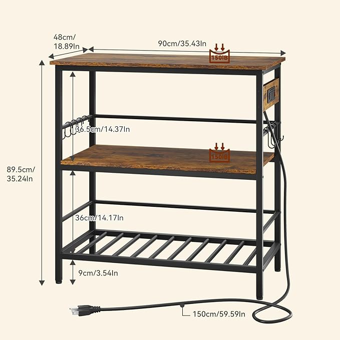 IBUYKE Kitchen Island with Storage, Bakers Rack with Power Outlet,Microwave Stand with Large Worktop,Rolling Bar Cart for Home, Outdoor, Kitchen,Rustic Brown and Black TMJ029H