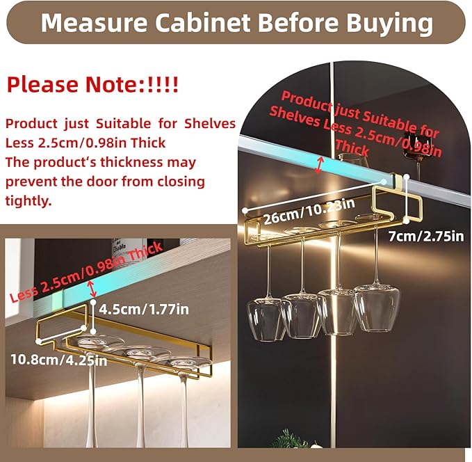 LINFIDITE Gold Under Cabinet Wine Glass Holder, 2 Pack, Space Saving, Easy Installation, Anti-Skid, Compact Design, Sturdy Materials, Affordable Gift