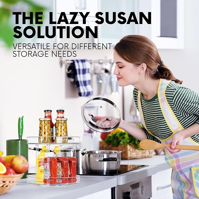 Clear Lazy Susan Organizer, Spice Rack Kitchen Cabinet Turntable, Pantry and Fridge Rotating Storage, Makeup Vanity for Skincare, Perfume, Cosmetic Dresser