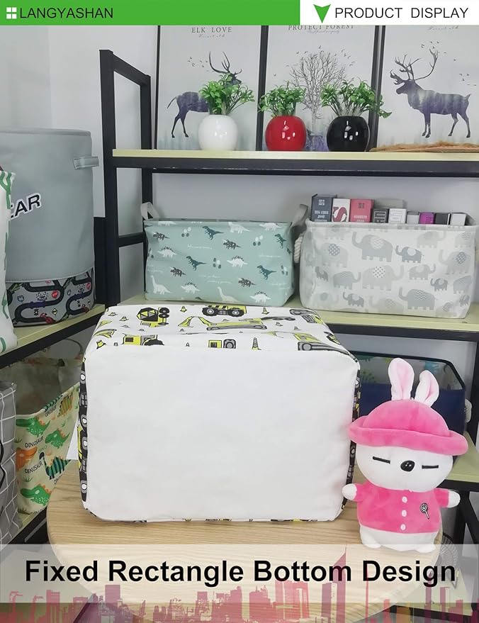 LANGYASHAN Rectangular Storage Bin Collapse Canvas Fabric Cartoon Storage Basket with Handles for Organizing Home Kitchen Boys and Girls Toys Office Closet Shelf Baskets (Rec Engineering Vehicle)