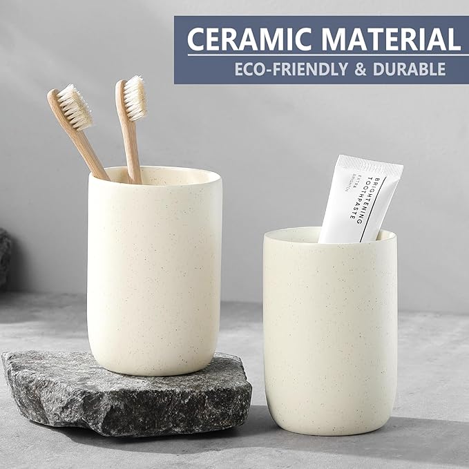 Beige Toothbrush Holders for Bathrooms - 2 Cups Ceramic Toothbrush Toothpaste Holders Set, Beige Bathroom Tumbler Cups Reusable Toothbrush Mouthwash Cup, Bathroom Counter Organizer