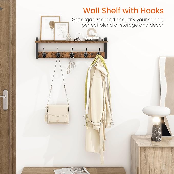 Homode Coat Rack with Wall Mount, 24 Inch Long Entryway Wall Shelf with Hooks, Wood Hanger with Storage Shelf for Bathroom, Hallway, Rustic Brown Black