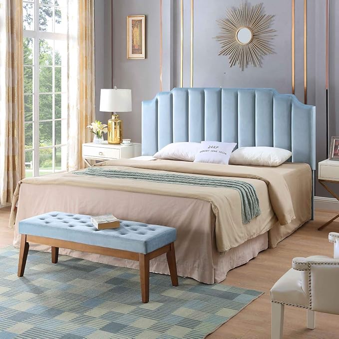 24KF Seaglass Velvet Tufted King Upholstered Headboard, Modern Vertical Channel Design California King Headboard with Stepped Silhouette Top Edge, Seaglass