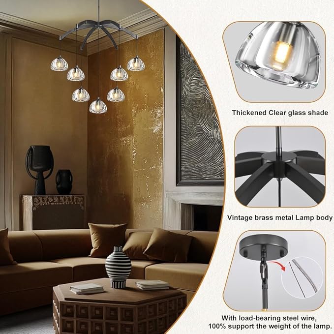 Modern Crystal Chandeliers, Black Round Chandelier for Dining Room, Large Arc Chandelies for Living Room, 7-Light Dining Room Light Fixture 34" Pendant Light Chandelier for Staircase Bedroom