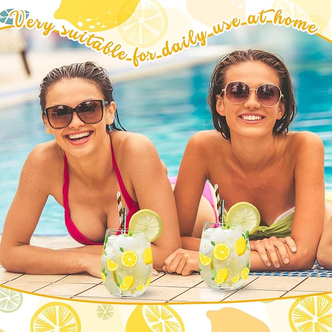 Sliner 2 Pack Lemon Stemless Wine Glasses 17oz Lemon Drinking Glasses Clear Stemless Wine Tumbler Unique Gift for Wedding, Mother's Day Birthday Drinking Party
