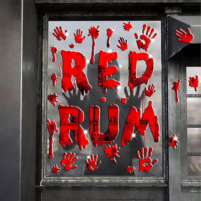 Halloween Decorations Stickers for Wall Bloody Handprint Decals for Bathroom Mirror Acrylic Halloween Party Supplies Decal Peel and Stick Scary Red Blood Stickers for Haunted House Party Home Office