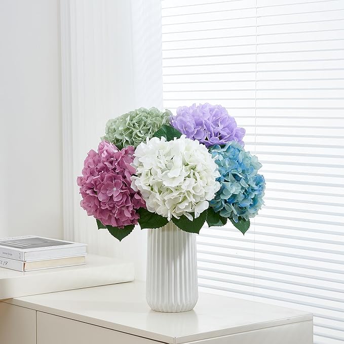 8pcs Lavender Fake Flowers Silk Hydrangea Artificial Flowers Bouquets Faux Hydrangea Stems for Home Table Centerpieces Wedding Party Decoration