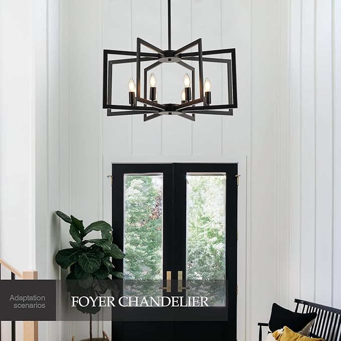 Modern Farmhouse Black Chandeliers for Dining Room, 8-Light Industrial Metal Chandeliers Geometric Pendant Lights Kitchen Island for Entryway Stairway Foyer Hallway