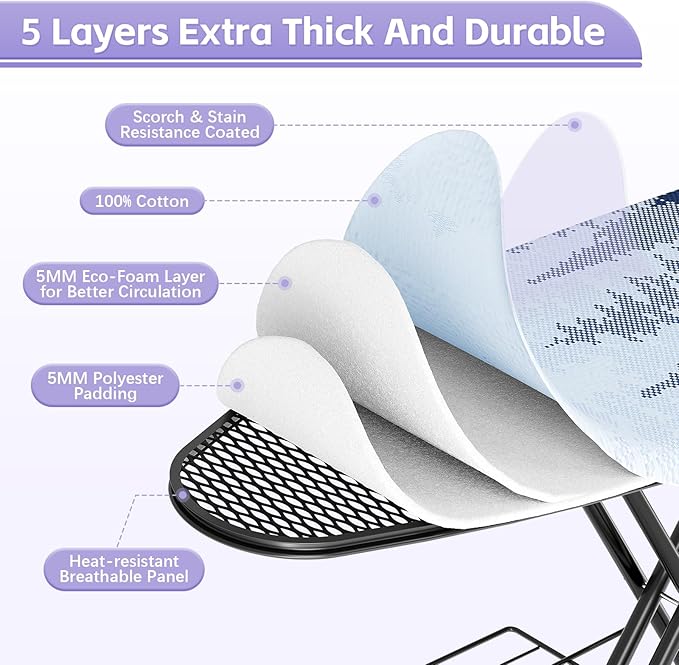 Full Size Ironing Board, 18x51 Iron Board with Metal Panel Stretchable Iron Rest, Adjustable Height Heavy Duty Heat & Scorch Resistant Cover Ironing Board, for Home, Laundry, Purple