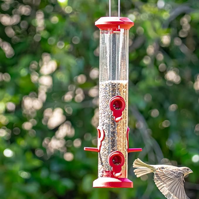 Kingsyard 2 Pack Tube Bird Feeders for Outdoors Hanging, Premium Hard Plastic Bird Feeder with 6 Feeding Ports, Weatherproof & Steel Hanger, Attracting for Wild Birds (Red)