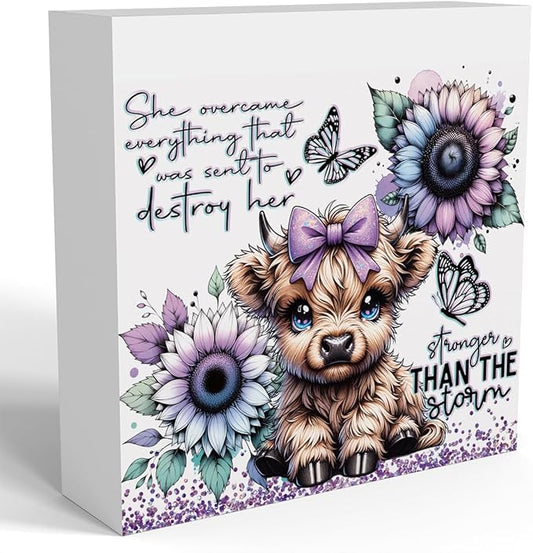 Cute Highland Cow Baby Decor, Highland Cow Sunflower Decor, Highland Cow Gifts for women, Highland Cow Nursery Decor, Wooden Box Decor Sign for Home Farmhouse Office Living Room Table Shelf