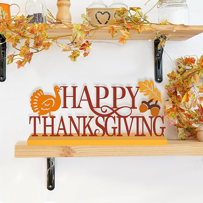 COCHIE Metal Happy Thanksgiving Sign, Fall Leaves Turkey Table Centerpieces Decorations for Home, Office, Shelf, Mantel, Indoor, Traditional Party Supplies Decor (Thanksgiving)