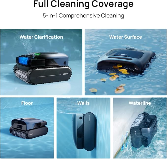 Beatbot AquaSense Pro Pool Robot Vacuum, 5-in-1 Cleaning with 2*Clarifying Agent Kits, Smart Surface Parking, Clarifies & Skims Water, Ideal for Inground Pools up to 3,299 Sq.ft - Navy Blue