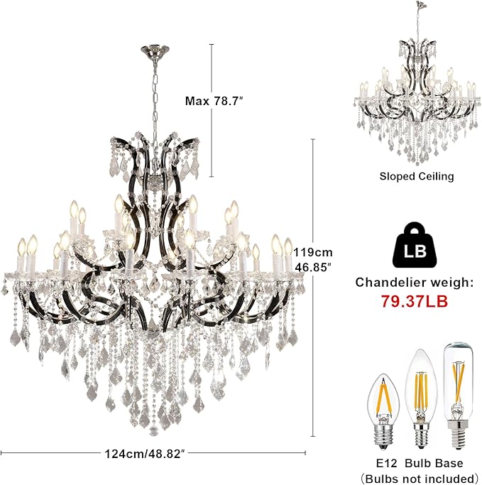 Large Black Crystal Chandelier Light Fixtures, 24 Lights Modern Crystal Chandeliers for Hotel, Lobby, Foyer, Entryway Hall, Staircase High Ceiling 50'' Chandelier 2 Layers