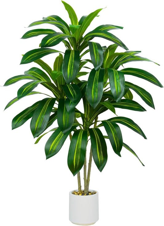 Artificial Dracaena Tree Artificial Silk Tree Faux Tree with White Tall Planter Fake Tropical Yucca Floor Plant (1, White Planter, 4 FT)