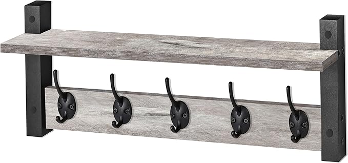 Sorbus Coat Hooks Wall Mount with Shelf – 24 Inch Coat Rack Wall Mount with 5 Heavy Duty Hooks – Floating Wall Shelf with Hooks for Entryway, Bathroom, Bedroom, Kitchen, or Mudroom (Gray)