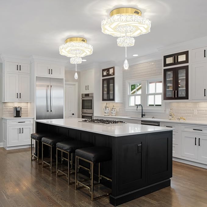 Flashing God 16 Inch Mini Chandelier Modern Crystal Chandeliers Light Semi Flush Mount Ceiling Light Fixture Small Gold Chandelier for Bedroom Hallway Kitchen Foyer