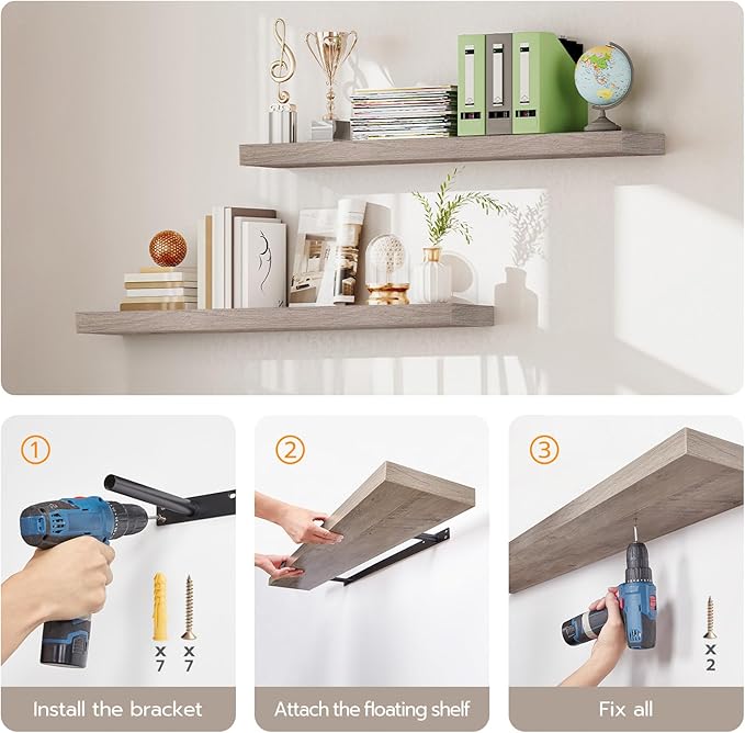 HOOBRO Floating Shelves for Wall, Wall Mounted Shelf Set of 2, 31.5" Hanging Shelf with Invisible Brackets, for Wall in Bathroom, Bedroom, Toilet, Kitchen, Living Room, Office, Greige BG80BJP201