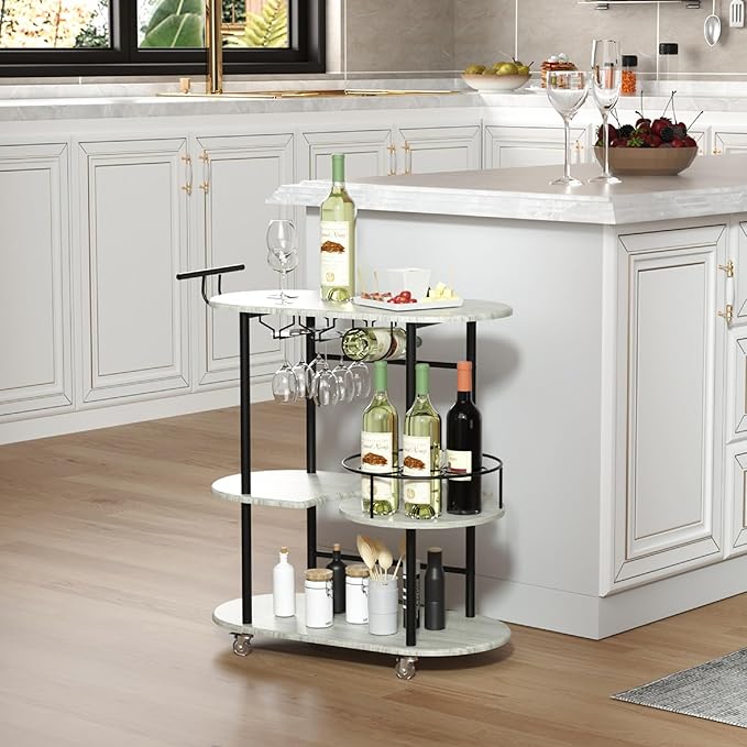 Light Gray Bar Carts with 4-Tier Storage Shelves, Mobile Bar Serving Cart with Wine Rack and Glass Holder, for The Home, Kitchen, Living Room, Dining Room