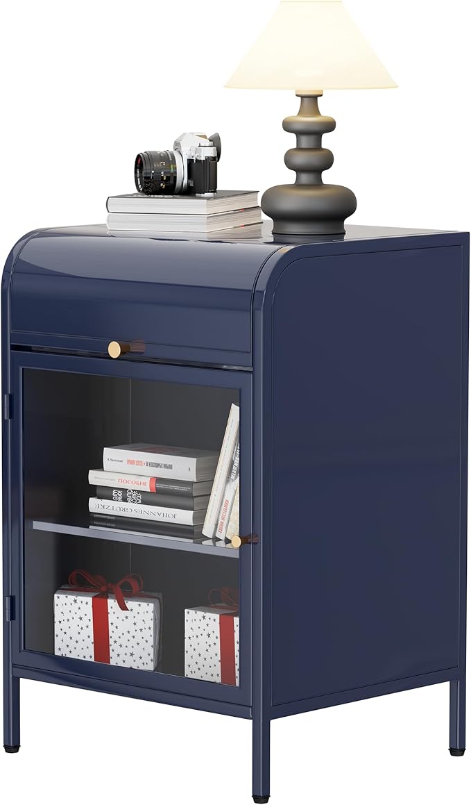 Modern Metal Side Tables, End Tables with Glass Door, 2-Tier Nightstands with Storage Shelves, Accent Table, Slim Sofa Table for Living Room, Bedroom (1, Bule)