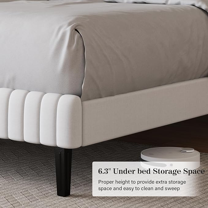 Full Size Bed Frame with Headboard, Velvet Upholstered Platform Bed with Vertical Channel Tufted Design, No Box Spring Required, Easy Assembly, White