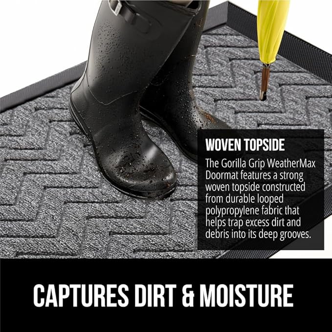 GORILLA GRIP 100% Waterproof All-Season WeatherMax Doormat US Designed Natural Rubber, Stain and Fade Resistant, Low Profile Indoor Outdoor Door Mats, Easy Clean Patio Mat, 17x29, Steel Chevron