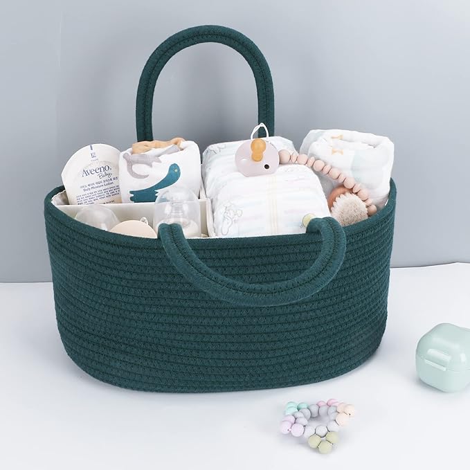 Baby Diaper Caddy Organizer for Girl Boy Rope Nursery Storage Bin Basket Portable Holder Tote Bag for Changing Table Car Travel Baby Shower Gifts Newborn Essentials Registry Must Have Items Dark Green