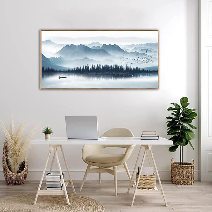 Indigo Framed Canvas Wall Art Misty Mountain Wall Pictures Foggy Lake Boat Canvas Painting Prints Forest Birds Canvas Wall Decor for Living Room Bedroom Decorations Natural Framed 24" x 48"
