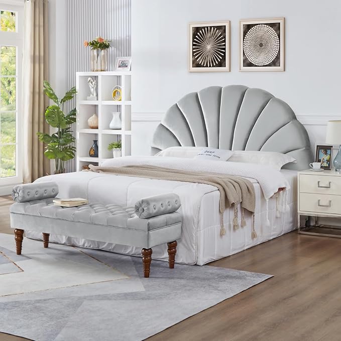 24KF Stunning Crown Design King Headboard, Upholstered Soft Velvet Petal Pattern Headboard King/CA King-Gray