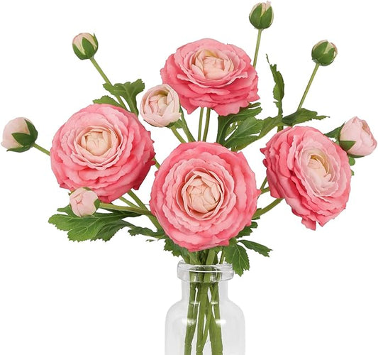 IPOPU 4PCS Real Touch Hot Pink Ranunculus Artificial Flowers Faux Ranunculus Flowers for Vase Real Look Silk Peonies Fake Peony Flowers for Home Indoor Wedding Centerpieces for Table Decor (Rose Red)