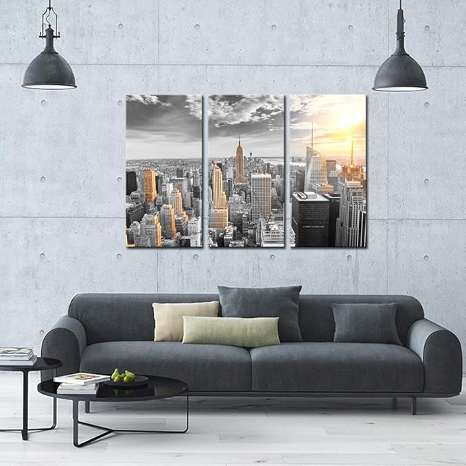 LevvArts Large 3 Piece New York City Canvas Wall Art Modern Black and White NYC at Gold Sunset Picture Prints Cityscape Skyline Poster Framed for Home Office Living Room Decor