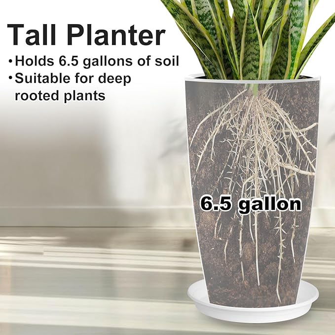 Tall Flower Pot Indoor - Outdoor Plant Pot - White Glossy Planter - Elegant Ceramics Imitation - 12" Diameter 21" Tall with Drainage Holes and Saucer